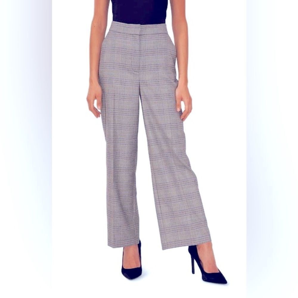 Halogen Plaid Wide Leg Work Pants Elastic Waist Black Grey Blue